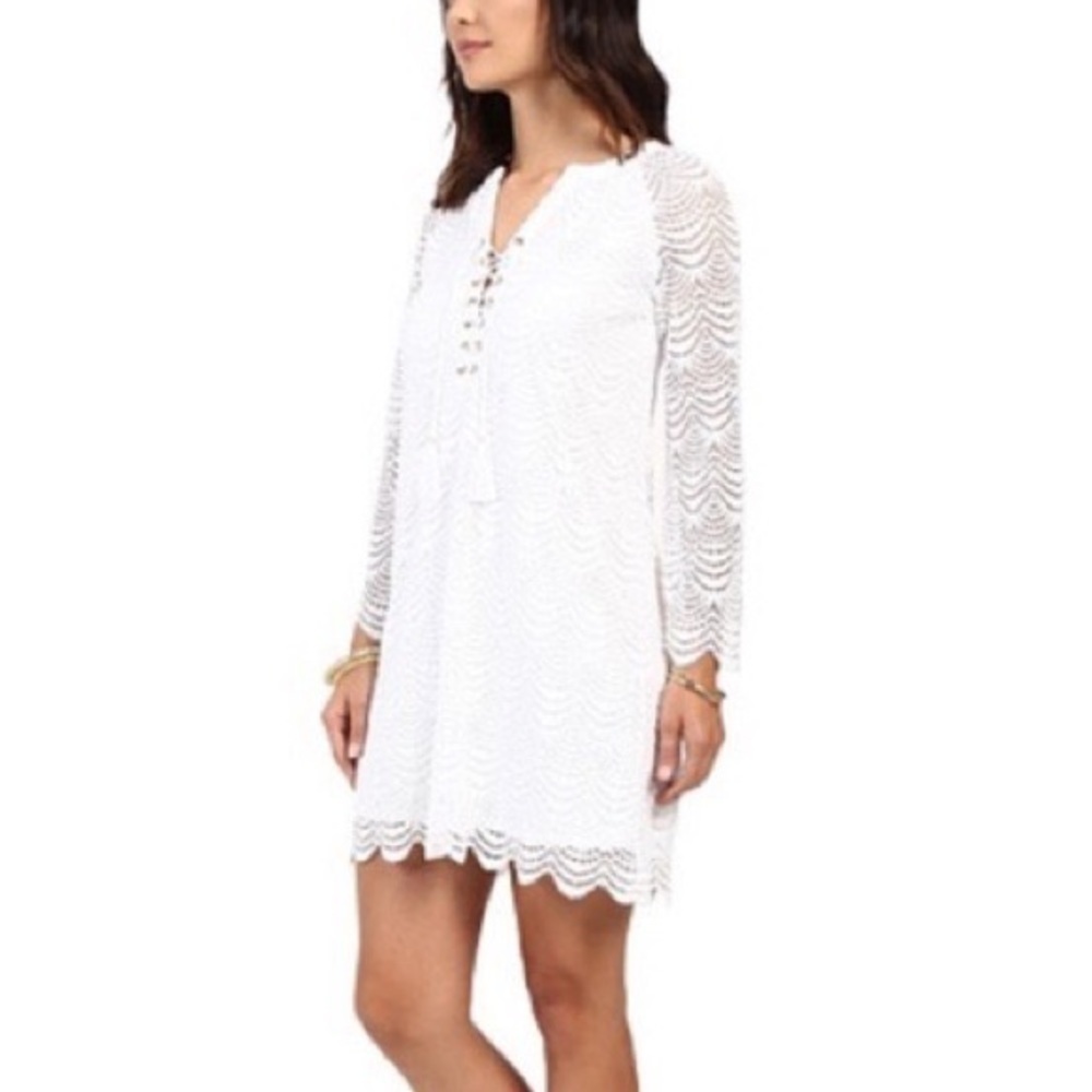 LILLY Pulitzer Sea Isle White Scallop Lace Bell Sleeve Shift Dress - Picture 2 of 16